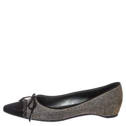   Stuart Weitzman Black Glitter Fabric And Suede Bow Pointed Cap Toe Ballet Flats Size 38.5