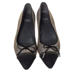   Stuart Weitzman Black Glitter Fabric And Suede Bow Pointed Cap Toe Ballet Flats Size 38.5
