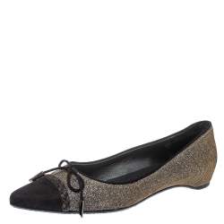  Stuart Weitzman Black Glitter Fabric And Suede Bow Pointed Cap Toe Ballet Flats Size 38.5