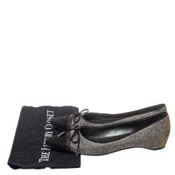   Stuart Weitzman Black Glitter Fabric And Suede Bow Pointed Cap Toe Ballet Flats Size 38.5