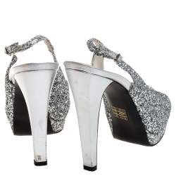 Stuart Weitzman Silver Coarse Glitter Peep Toe Slingback Sandals Size 39
