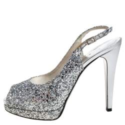Stuart Weitzman Silver Coarse Glitter Peep Toe Slingback Sandals Size 39