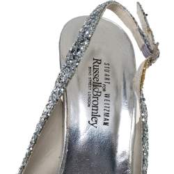 Stuart Weitzman Silver Coarse Glitter Peep Toe Slingback Sandals Size 39