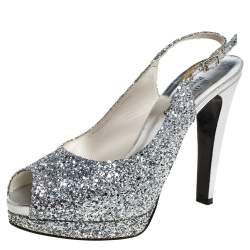 Stuart Weitzman Silver Coarse Glitter Peep Toe Slingback Sandals Size 39