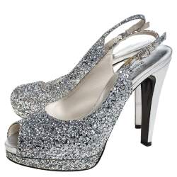 Stuart Weitzman Silver Coarse Glitter Peep Toe Slingback Sandals Size 39