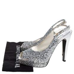 Stuart Weitzman Silver Coarse Glitter Peep Toe Slingback Sandals Size 39
