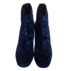 Stuart Weitzman Blue Velvet Bacari Block Heel Ankle Boots Size 38.5