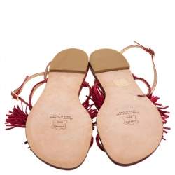 Stuart Weitzman Red Leather And Suede Tassel Thong Flat Sandals Size 39.5