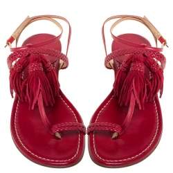 Stuart Weitzman Red Leather And Suede Tassel Thong Flat Sandals Size 39.5