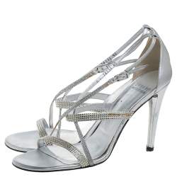 Stuart Weitzman Silver Leather Crystal Embellished Strappy Sandals Size 40