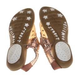 Stuart Weitzman Metallic Rose Gold Snake Embossed Leather Thong Flats Size 37.5