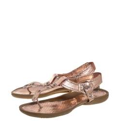 Stuart Weitzman Metallic Rose Gold Snake Embossed Leather Thong Flats Size 37.5