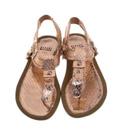 Stuart Weitzman Metallic Rose Gold Snake Embossed Leather Thong Flats Size 37.5