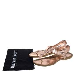 Stuart Weitzman Metallic Rose Gold Snake Embossed Leather Thong Flats Size 37.5