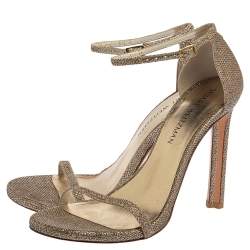 Pre Owned Stuart Weitzman Gold Glitter Fabric Nudist Sandals Size 39