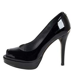 Pre Owned Stuart Weitzman Black Patent Leather Platform Peep Toe Pumps Size 36.5 