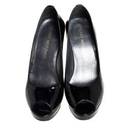Pre Owned Stuart Weitzman Black Patent Leather Platform Peep Toe Pumps Size 36.5 