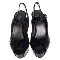 Stuart Weitzman for Russell Bromley Blue Python Embossed Leather Wedge Platform Sandals Size 39.5