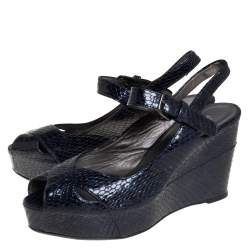 Stuart Weitzman for Russell Bromley Blue Python Embossed Leather Wedge Platform Sandals Size 39.5