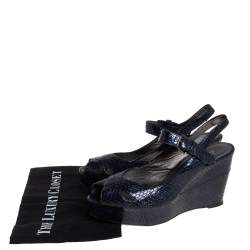 Stuart Weitzman for Russell Bromley Blue Python Embossed Leather Wedge Platform Sandals Size 39.5