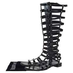Stuart Weitzman Black Leather And Elastic Gladiator Flats Size 37