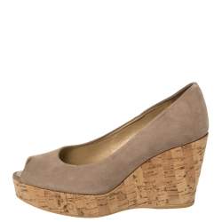 Stuart Weitzman Grey Suede Anna Cork Wedge Platform Peep Toe Pumps Size 37.5