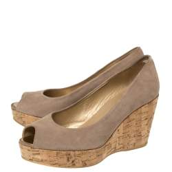 Stuart Weitzman Grey Suede Anna Cork Wedge Platform Peep Toe Pumps Size 37.5