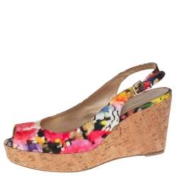 Stuart Weitzman Multicolor Brocade Fabric Cork Wedge Sandals Size 43.5