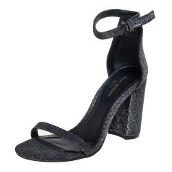 Pre Owned Stuart Weitzman Grey/Black Glitter Ankle Strap Sandals Size 38