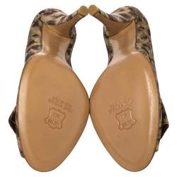 Pre Owned Stuart Weitzman Brown/Gold Metallic Lamé Fabric Leopard Print Bow Peep Toe Pumps Size 38.5