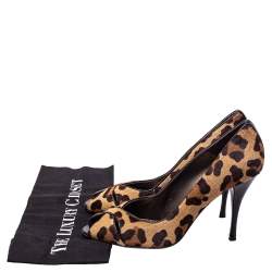 Stuart Weitzman Beige/Brown Leopard Print Calf Hair Peep Toe Pumps Size 39