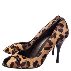 Stuart Weitzman Beige/Brown Leopard Print Calf Hair Peep Toe Pumps Size 39