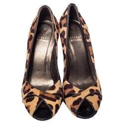 Stuart Weitzman Beige/Brown Leopard Print Calf Hair Peep Toe Pumps Size 39