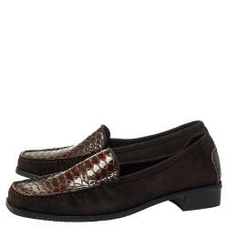 Stuart Weitzman Brown Suede  And Python Embossed Leather Loafers Size 41