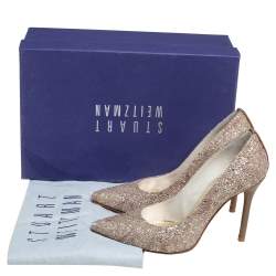 Pre Owned Stuart Weitzman Gold Glitter Pointed Toe Pumps Size 35