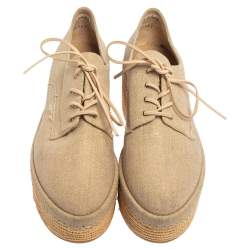 Stuart Weitzman Beige Canvas Wedge Espadrille Platform Lace Up Derby Size 38.5