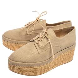 Stuart Weitzman Beige Canvas Wedge Espadrille Platform Lace Up Derby Size 38.5