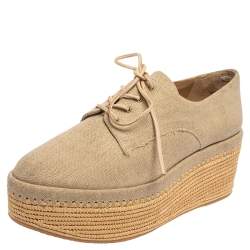 Stuart Weitzman Beige Canvas Wedge Espadrille Platform Lace Up Derby Size 38.5