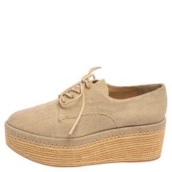 Stuart Weitzman Beige Canvas Wedge Espadrille Platform Lace Up Derby Size 38.5