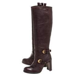 Pre Owned Stuart Weitzman Brown Leather Biker Knee Length Boots Size 36