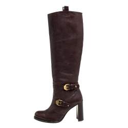 Pre Owned Stuart Weitzman Brown Leather Biker Knee Length Boots Size 36