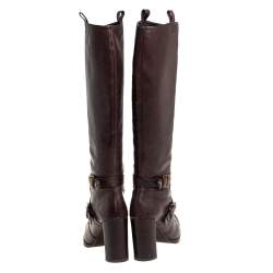 Pre Owned Stuart Weitzman Brown Leather Biker Knee Length Boots Size 36