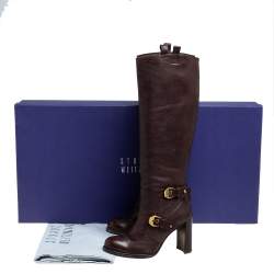 Pre Owned Stuart Weitzman Brown Leather Biker Knee Length Boots Size 36