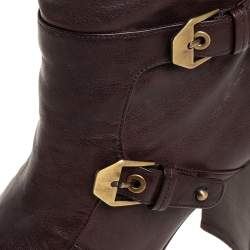 Pre Owned Stuart Weitzman Brown Leather Biker Knee Length Boots Size 36