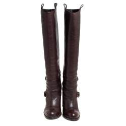 Pre Owned Stuart Weitzman Brown Leather Biker Knee Length Boots Size 36