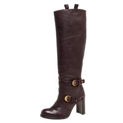 Pre Owned Stuart Weitzman Brown Leather Biker Knee Length Boots Size 36