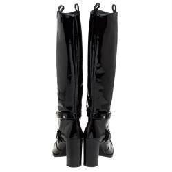 Pre Owned Stuart Weitzman Black Patent Leather Biker Knee Length Boots Size 36