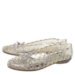 Stuart Weitzman Silver Foil Leather And Crystal Embellished Jelly Laser Cutout Ballet Flats Size 41