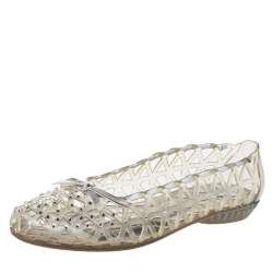 Stuart Weitzman Silver Foil Leather And Crystal Embellished Jelly Laser Cutout Ballet Flats Size 41