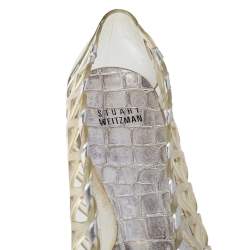 Stuart Weitzman Silver Foil Leather And Crystal Embellished Jelly Laser Cutout Ballet Flats Size 41